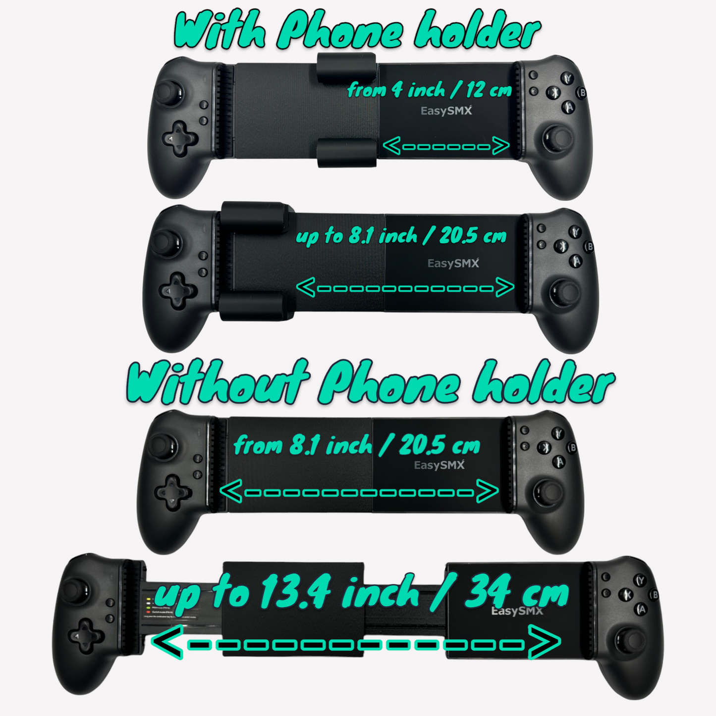 EasySMX M15 Bluetooth handheld controller with expansion kit already installed, showing full extension range from 4 to 13.4 inches for tablets in landscape mode.