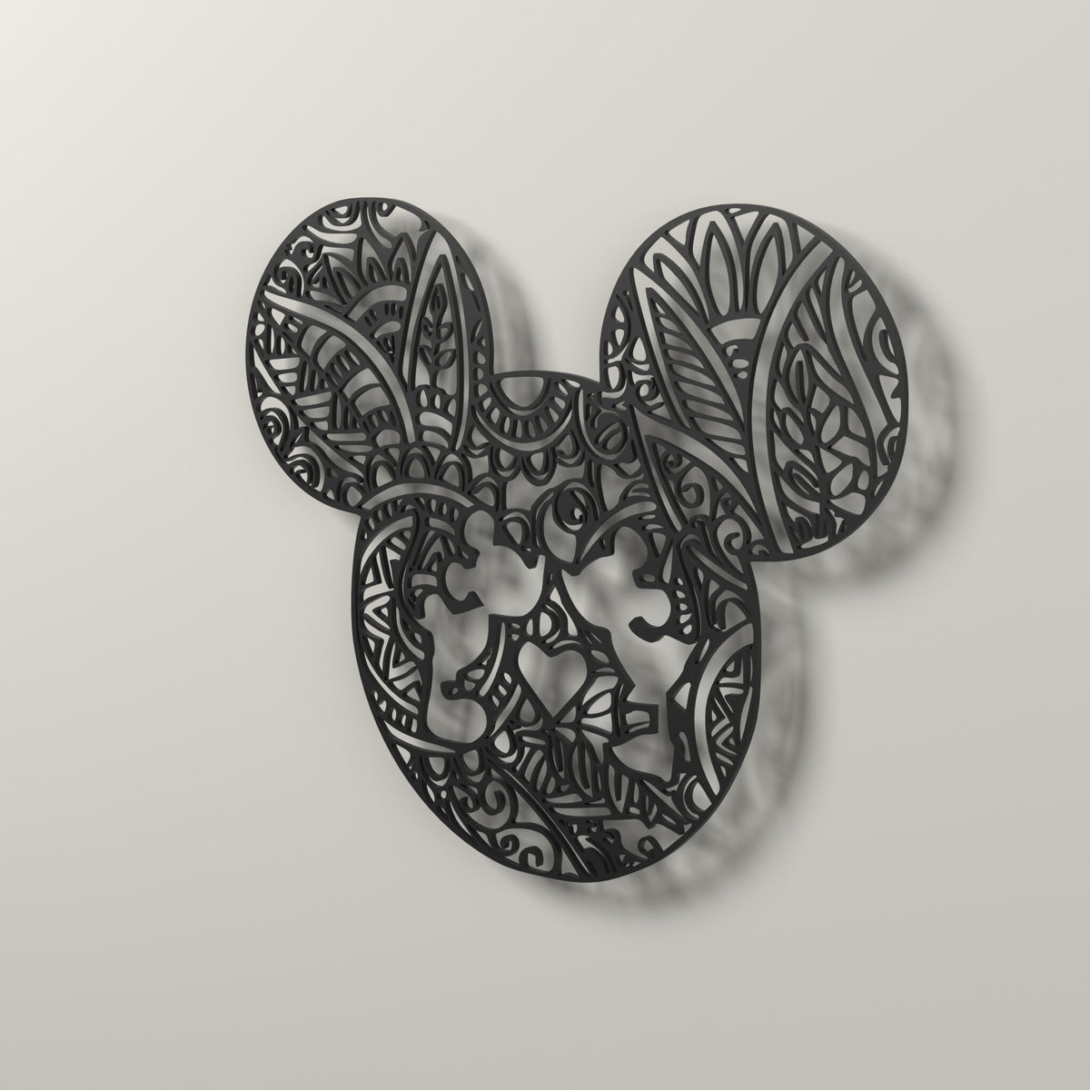 Mickey & Minnie Wall Art – 3D Printed Black Line Art Decor – 3D render, angle view
