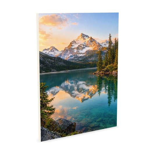 Custom 12 x 16 in canvas print, portrait, with a sample mountain lake photo