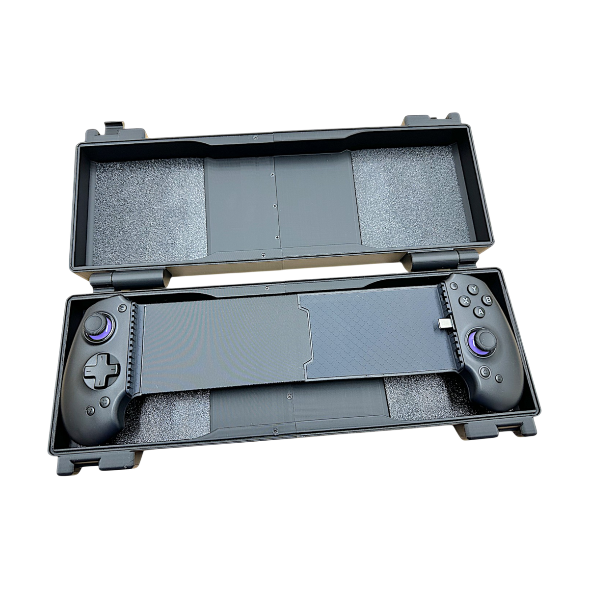 Rugged case open with modded controller, top view