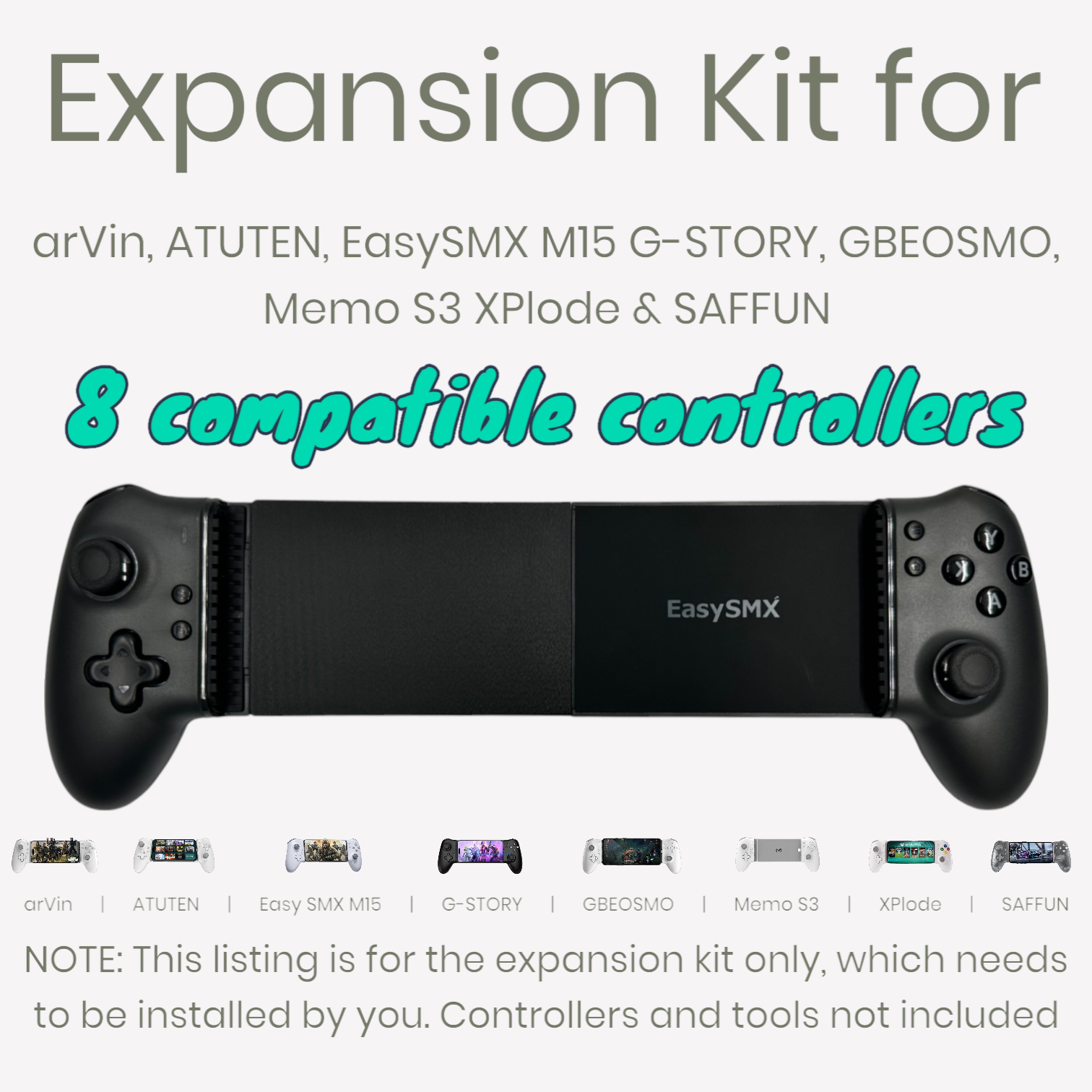 EasySMX M15 Bluetooth handheld controller with expansion kit already installed, showing full extension range from 4 to 13.4 inches for tablets in landscape mode.