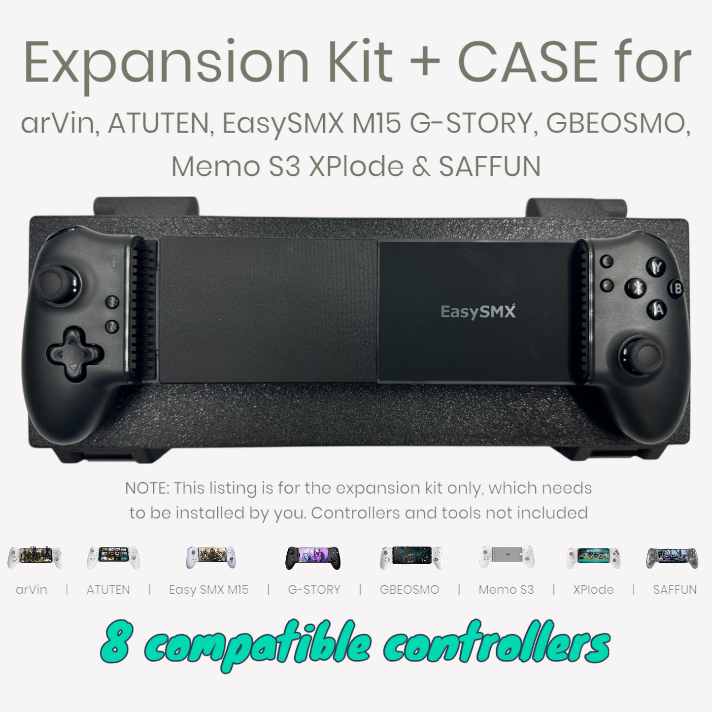 EasySMX M15 Bluetooth handheld controller with expansion kit already installed, showing full extension range from 4 to 13.4 inches for tablets in landscape mode.