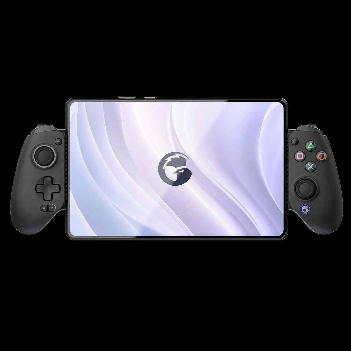 Black Gamesir G8 Plus controller with PlayStation-style buttons holding a tablet