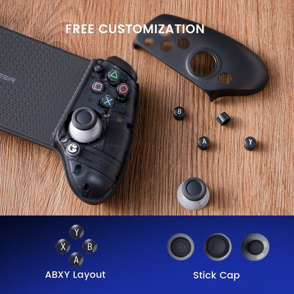 Gamesir G8 Plus with PlayStation-style buttons installed; the original ABXY caps are included
