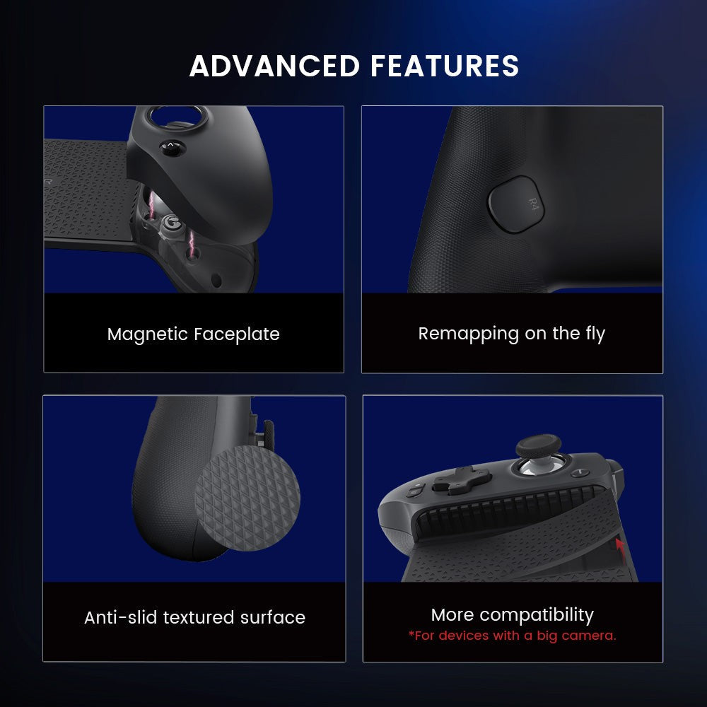 Gamesir G8 Plus advanced features: magnetic faceplate, remapping, textured grip, big-camera compatibility