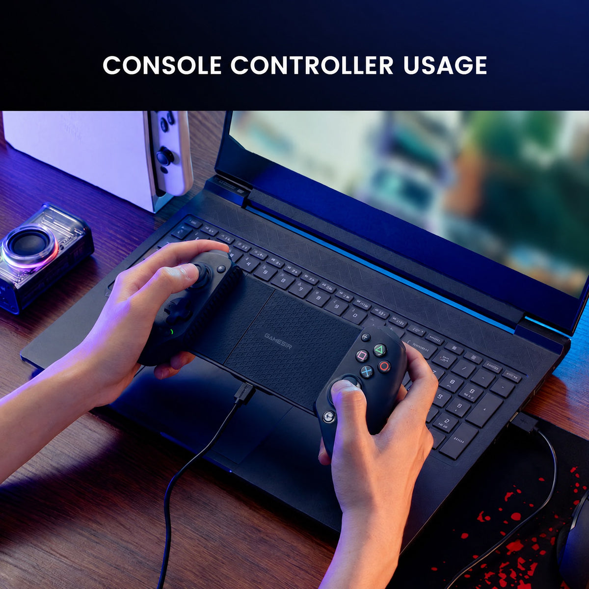 Gamesir G8 Plus with PlayStation-style buttons used as a console-style controller with a laptop