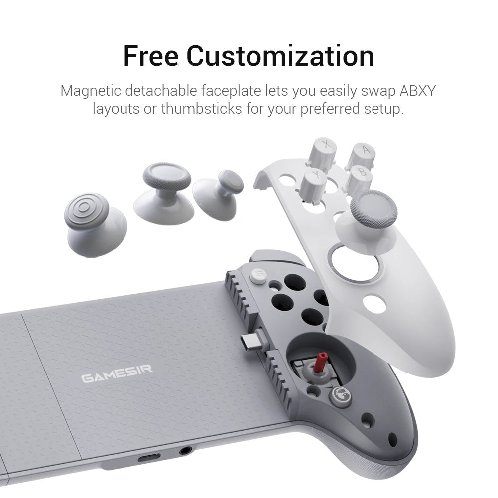 Gamesir G8 Plus MFI magnetic detachable faceplate with the original ABXY caps and swappable thumbsticks