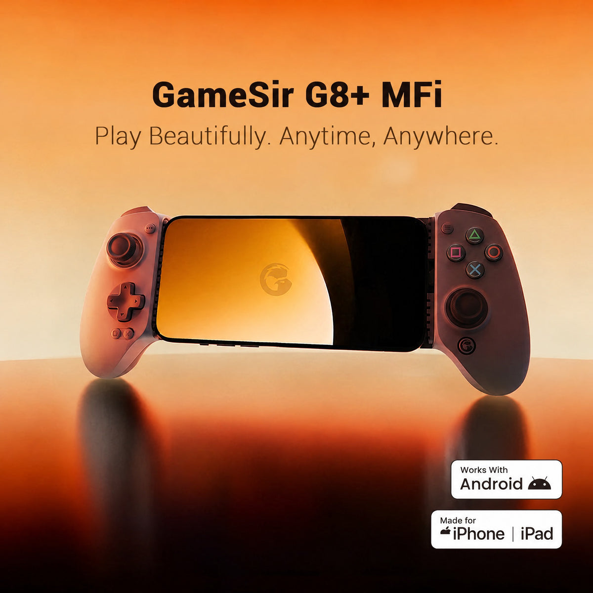 Gamesir G8 Plus MFI with PlayStation-style buttons holding a phone, Made for iPhone and iPad