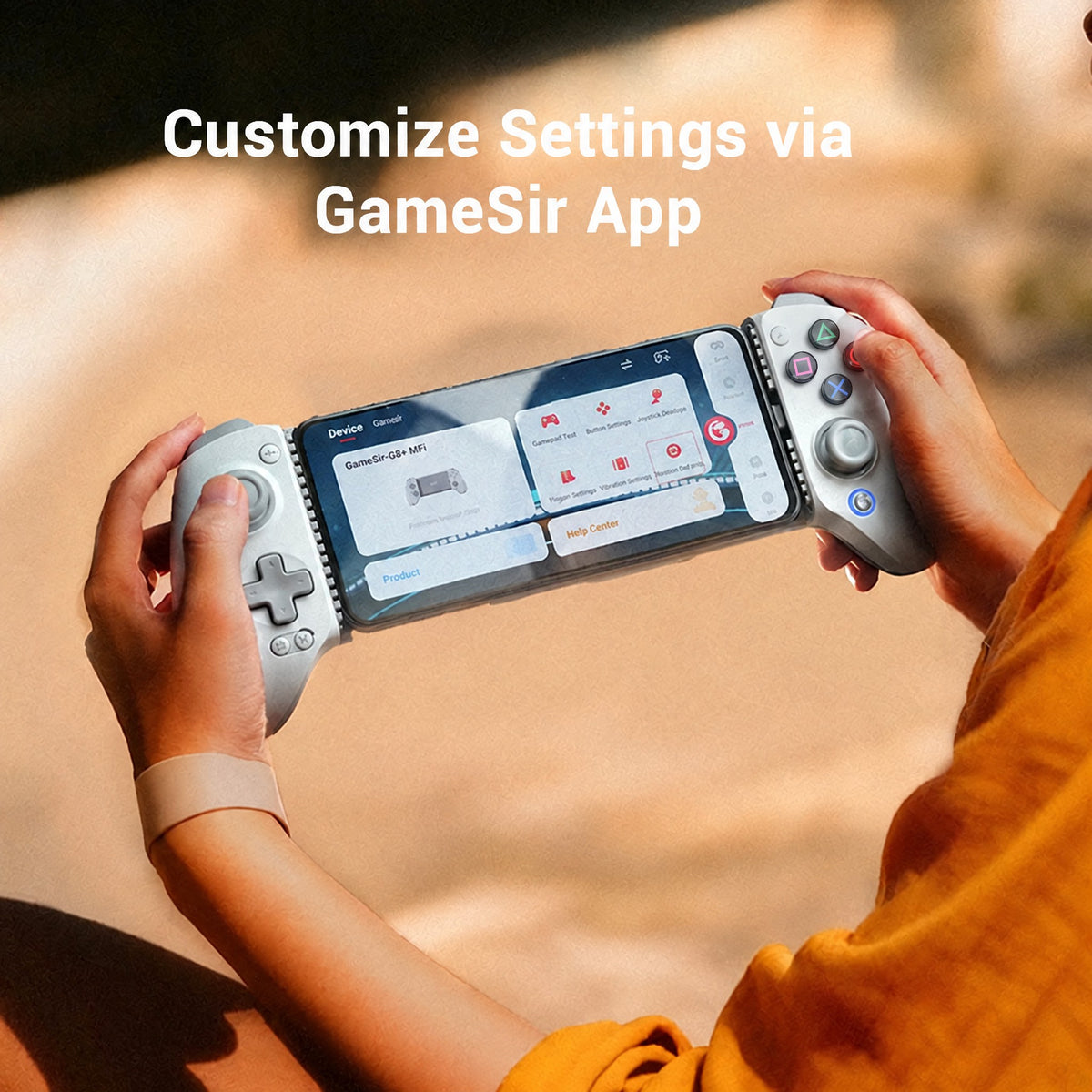 Gamesir G8 Plus MFI with PlayStation-style buttons running the GameSir app on a phone
