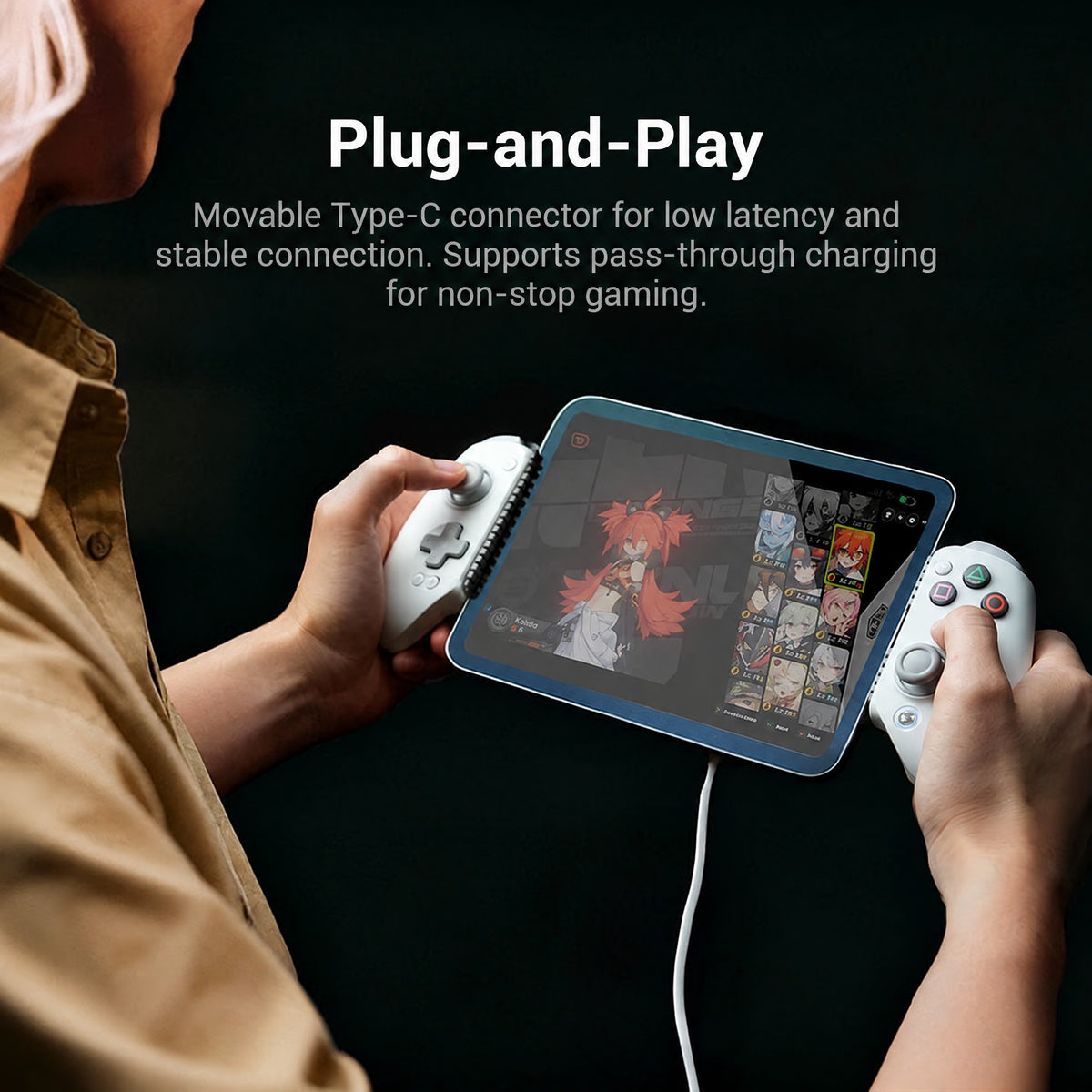 Gamesir G8 Plus MFI with PlayStation-style buttons connected to an iPad mini by USB-C