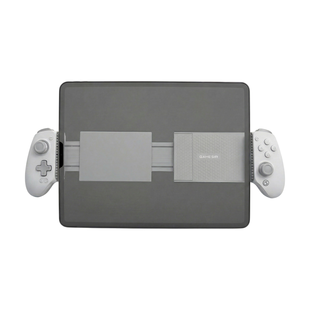 Gamesir G8 Plus MFI expansion kit installed and holding a tablet