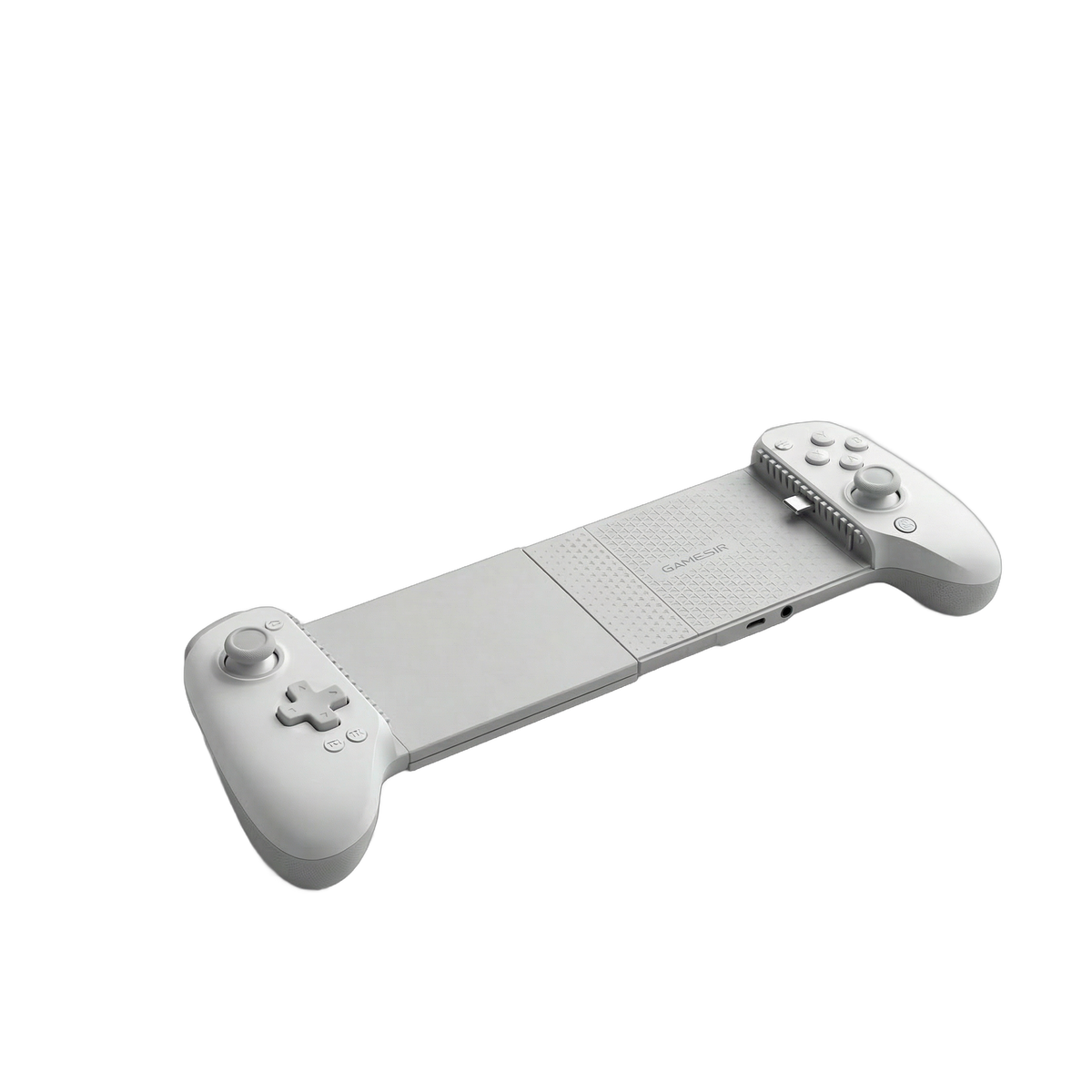 Gamesir G8 Plus MFI expansion kit fitted to a single white G8 Plus MFI controller, angled view