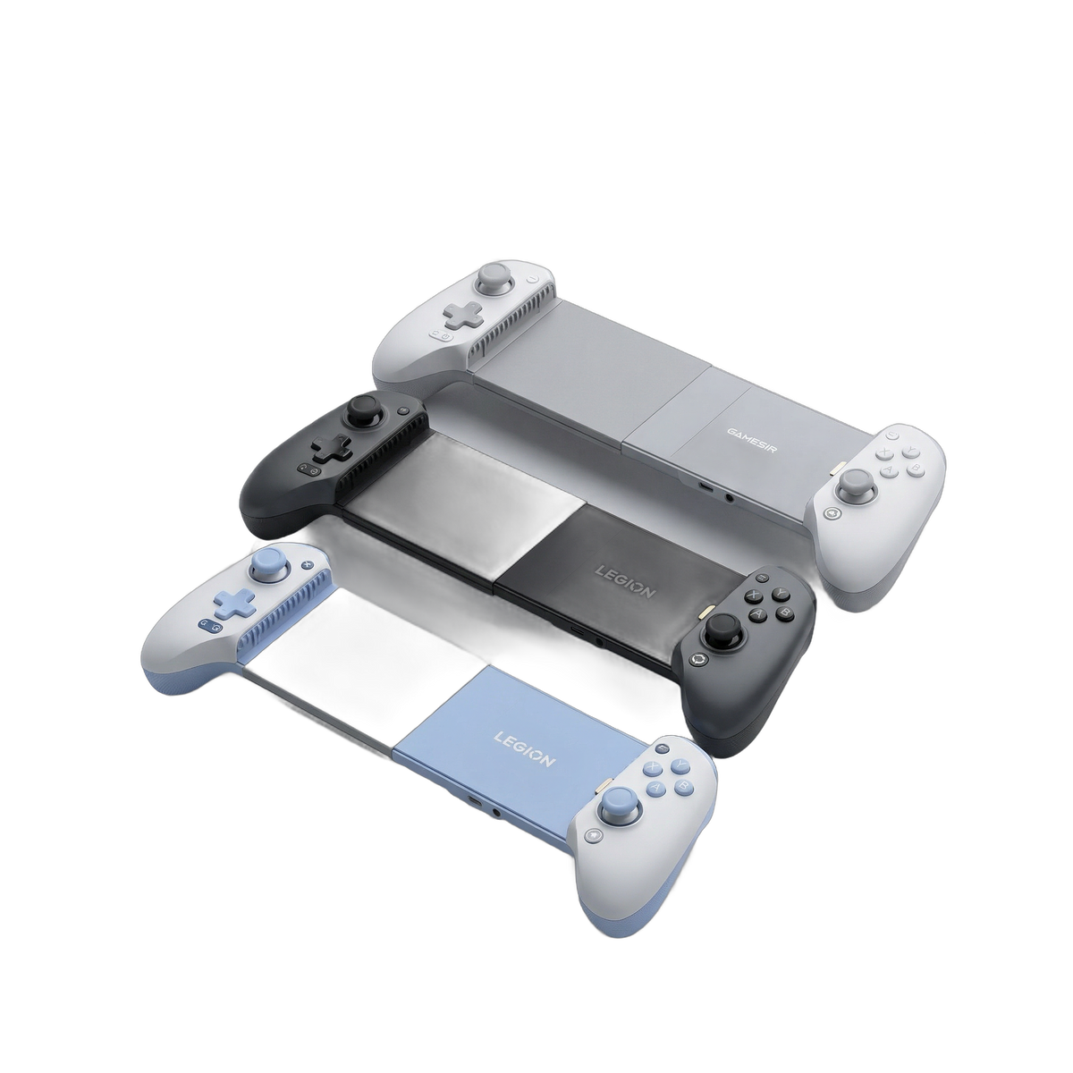 Gamesir G8 Plus MFI expansion kit three kitted controllers, three-quarter view from above