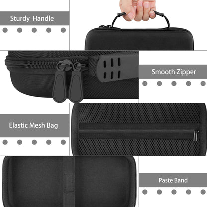 Hard carrying case details: sturdy handle, smooth zipper, elastic mesh pocket and strap