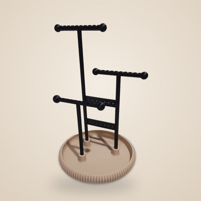 Jewelry Stand Regular size – black arms on a beige ribbed tray, studio view