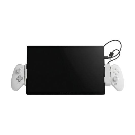 OneXPlayer Super X with holders and Gamesir G8 Plus MFi controller