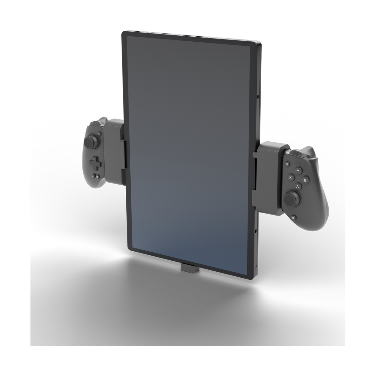 OneXPlayer Super X mounted in portrait on the modded GameSir G8 Plus with the portrait holders – front three-quarter view.