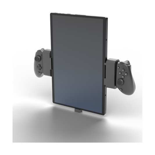 OneXPlayer Super X mounted in portrait on the modded GameSir G8 Plus with the portrait holders – front three-quarter view.