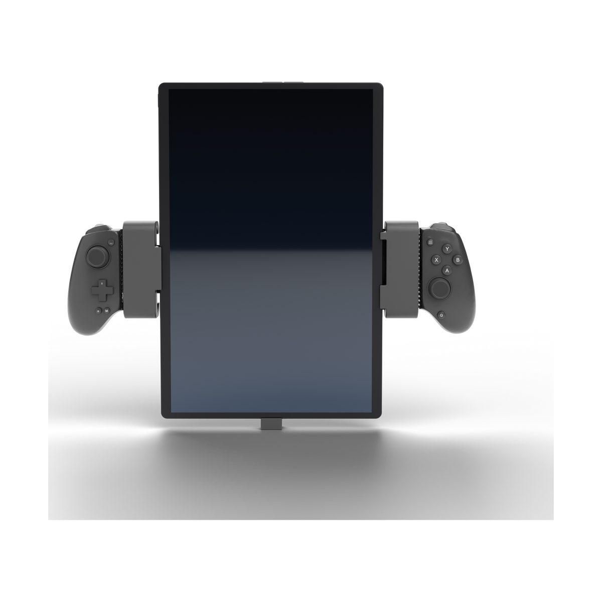 OneXPlayer Super X in portrait on the modded GameSir G8 Plus – front view, the holders sit between the grips and the device.