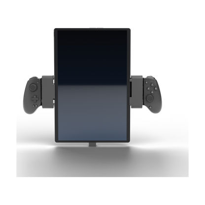 OneXPlayer Super X in portrait on the modded GameSir G8 Plus – front view, the holders sit between the grips and the device.