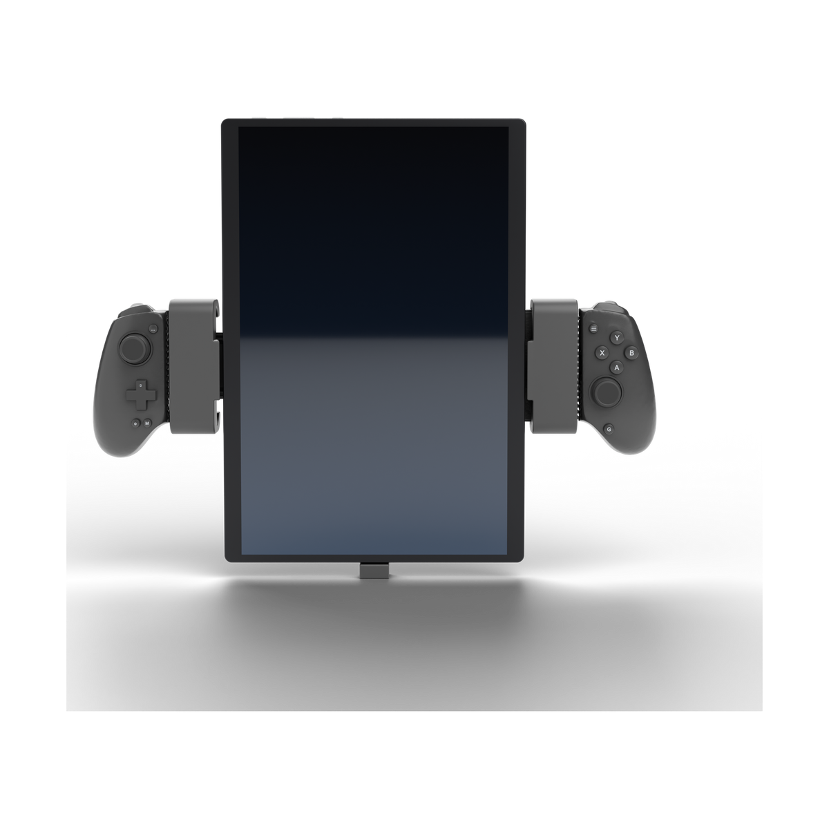 ASUS ROG Flow Z13 (2025) in portrait on the modded GameSir G8 Plus – front view, the holders sit between the grips and the device.