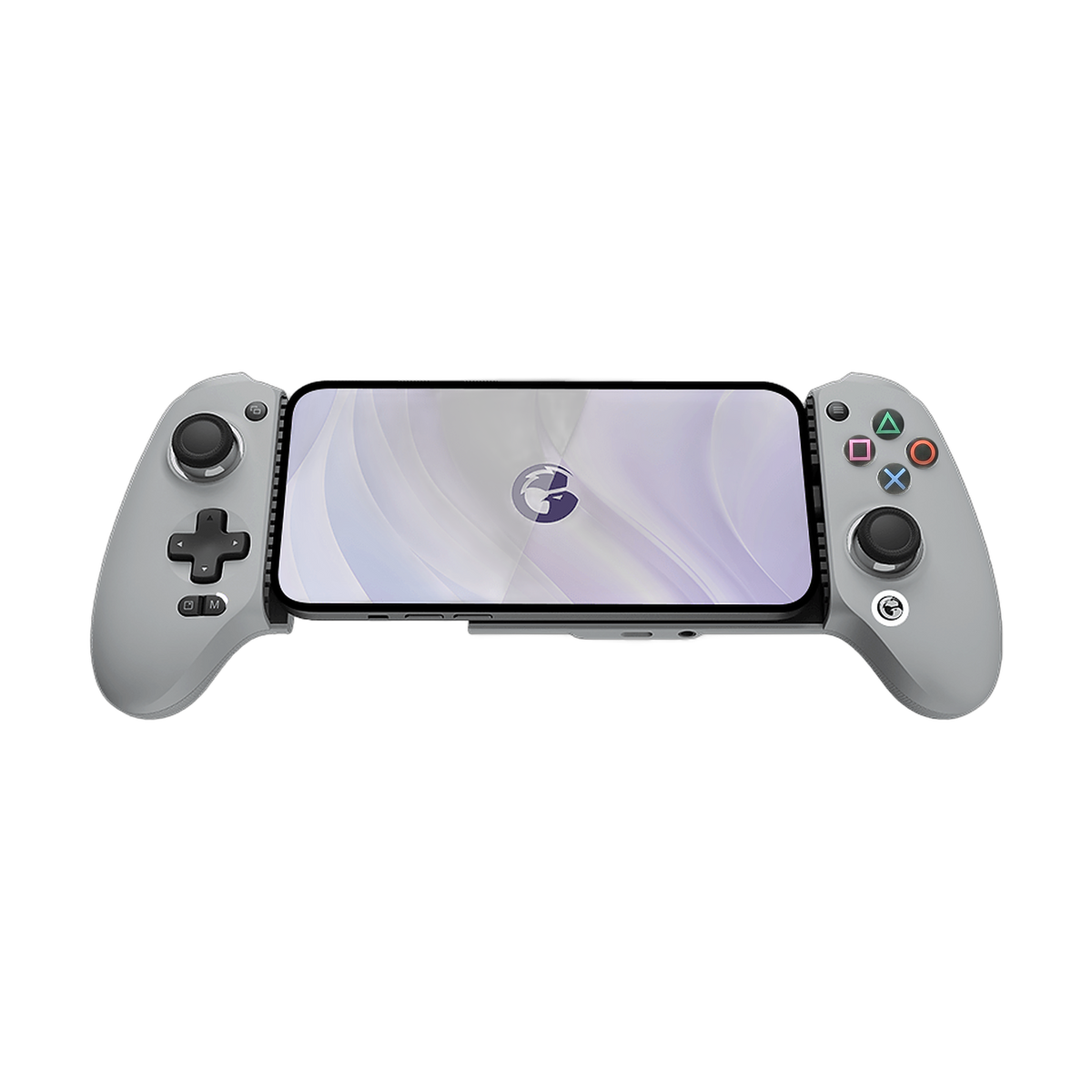 Gamesir G8 Galileo with PlayStation-style buttons holding a phone