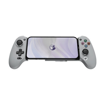 Gamesir G8 Galileo with PlayStation-style buttons holding a phone