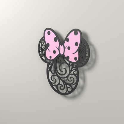 Minnie Mouse Silhouette Wall Art – 3D Printed Two-Tone Decor – 3D render, angle view