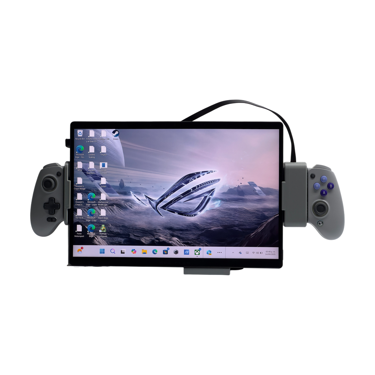 ROG Flow Z13 with holders and Gamesir G8 Plus controller, front view