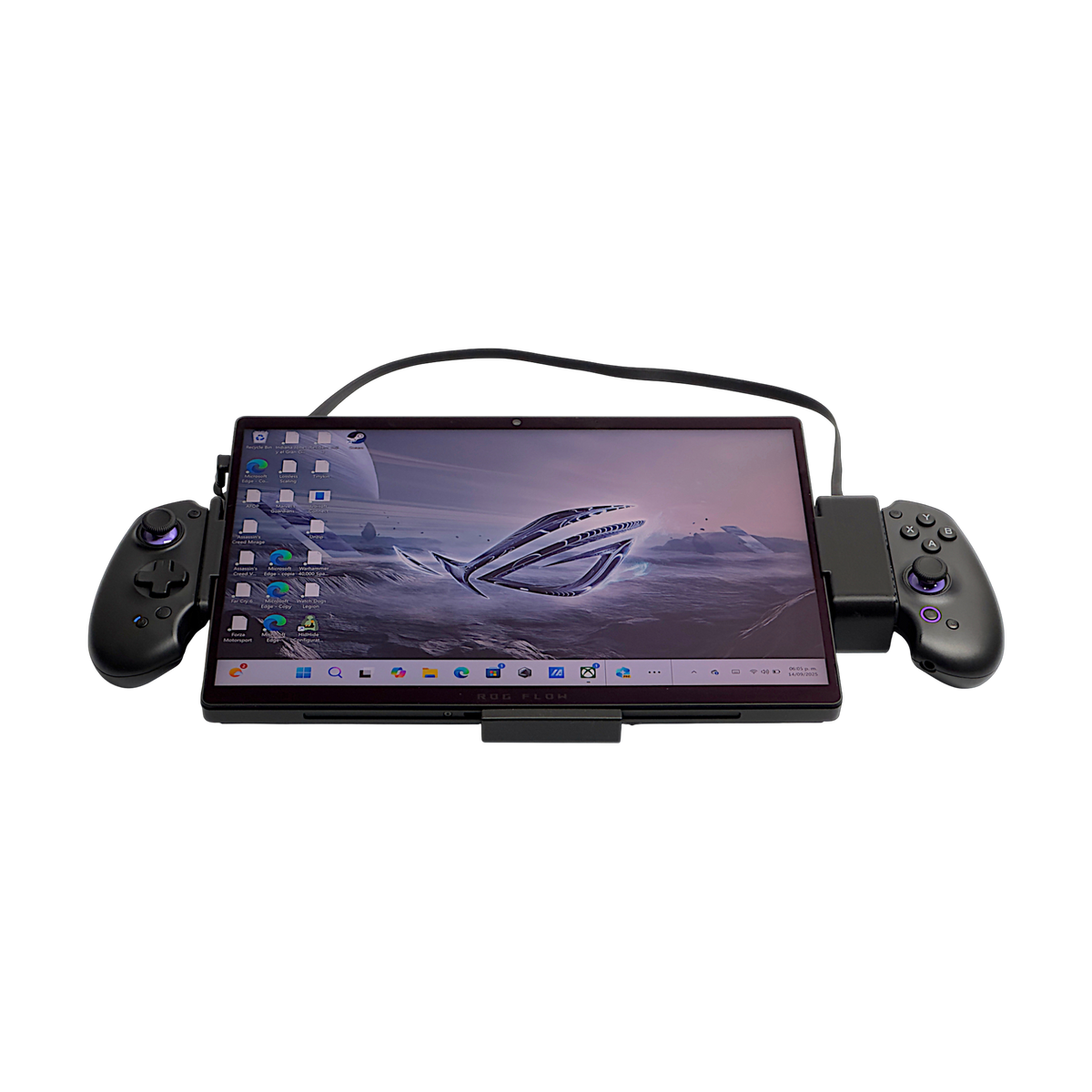 ROG Flow Z13 with holders and controller, three-quarter view