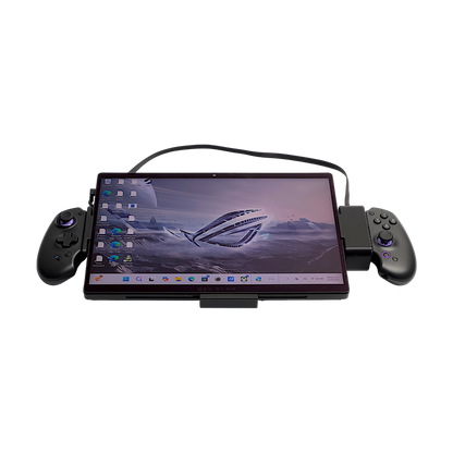 ROG Flow Z13 with holders and controller, three-quarter view