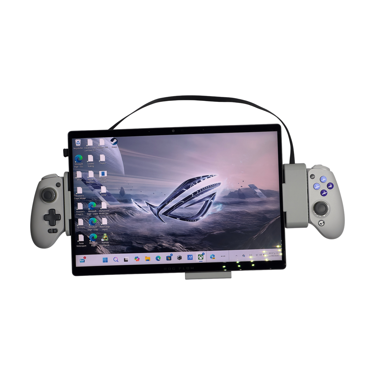 ROG Flow Z13 with holders and white Gamesir G8 Galileo controller