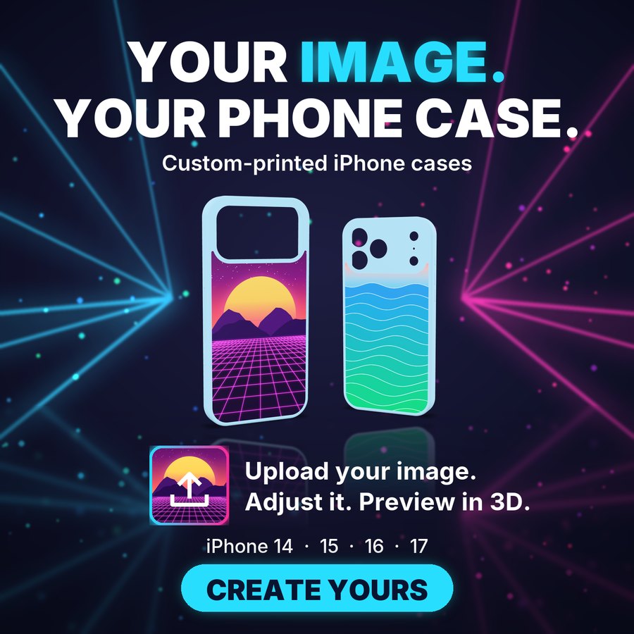 Your image. Your phone case. Custom-printed iPhone cases: two example cases with a synthwave sunset and ocean waves design. Upload your image, adjust it and preview in 3D. iPhone 14, 15, 16 and 17. Create yours.